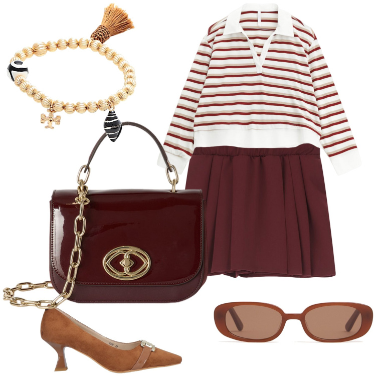 Outfit donna - Total look. Stile Urban per Ufficio. Abbinamento con braccialetti, décolleté, maglieria, gonne, occhiali da sole, borse a tracolla.