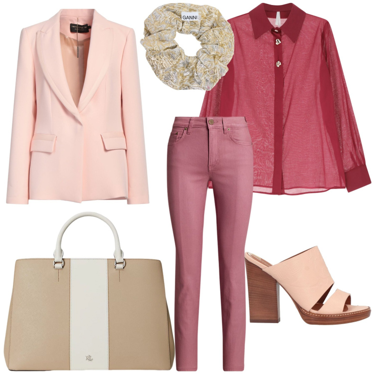 Outfit donna - Appuntamento. Stile Chic per Tutti i giorni. Abbinamento con blazer, sandali in pelle, camicie, borse a mano, jeans dritti, accessori per capelli.