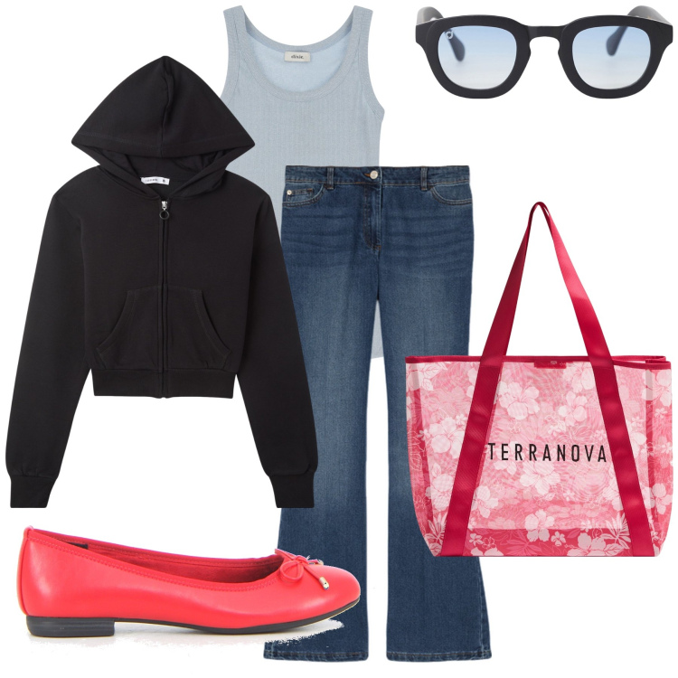 Outfit donna - Col pelosetto sotto casa. Stile Basic per Tutti i giorni. Abbinamento con shopping bag, felpe con cappuccio, occhiali da sole, canottiere, jeans, ballerine.