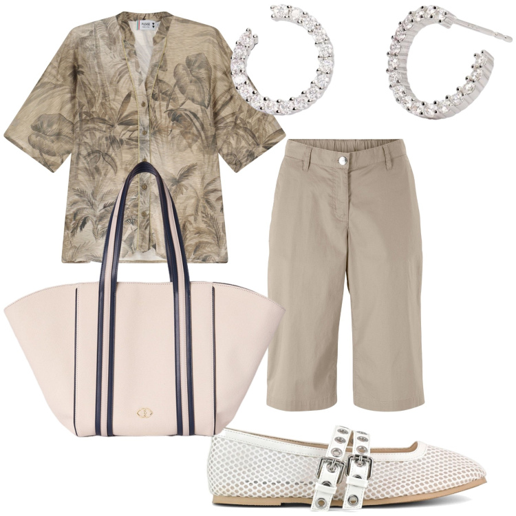 Outfit donna - Aria calda. Stile Trendy per Tutti i giorni. Abbinamento con bermuda, orecchini, camicie a manica corta, ballerine, shopping bag.