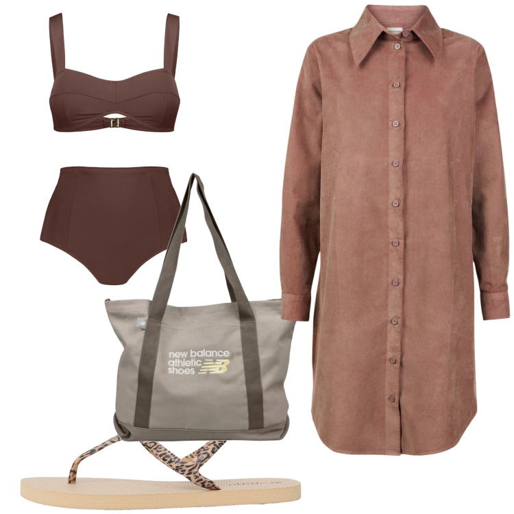 Outfit donna - Spiaggia di primavera. Stile Basic per Mare. Abbinamento con ciabatte, shopping bag, bikini, vestiti chemisier.