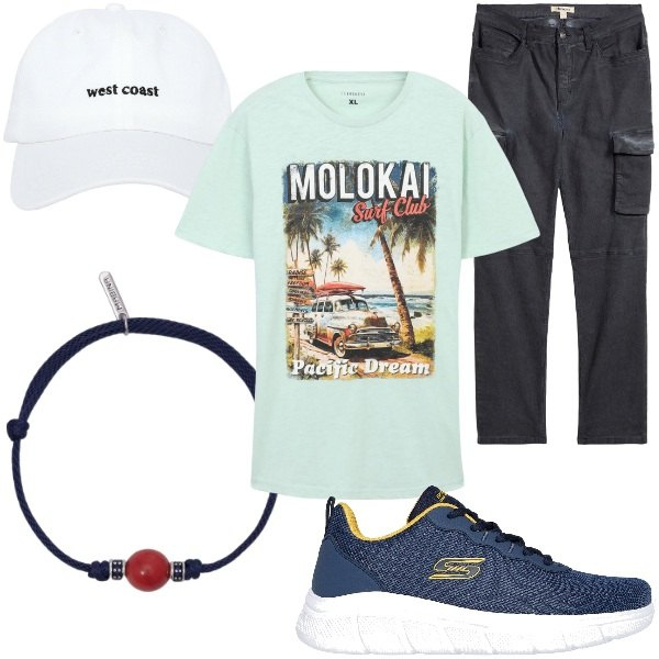 Outfit uomo - T-shirt grafica. Stile Casual per Tutti i giorni. Abbinamento con pantaloni cargo, cappelli, t-shirt, braccialetti, sneakers.