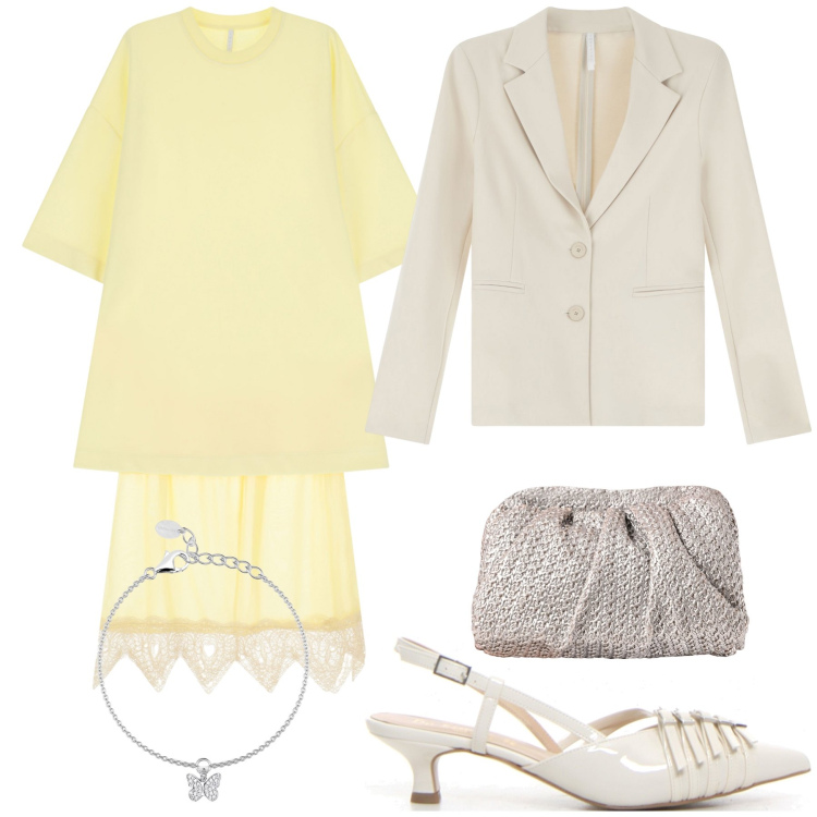 Outfit donna - Giallo e panna. Stile Bon Ton per Cerimonia. Abbinamento con vestiti midi/longuette, blazer, braccialetti con ciondoli, clutch, décolleté.