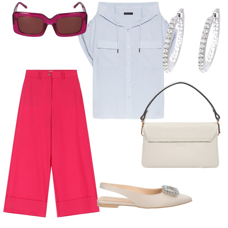 Outfit donna - Le belle giornate. per Tutti i giorni. Abbinamento con ballerine, orecchini, pantaloni a palazzo, camicie a manica corta, occhiali da sole, borse a tracolla.