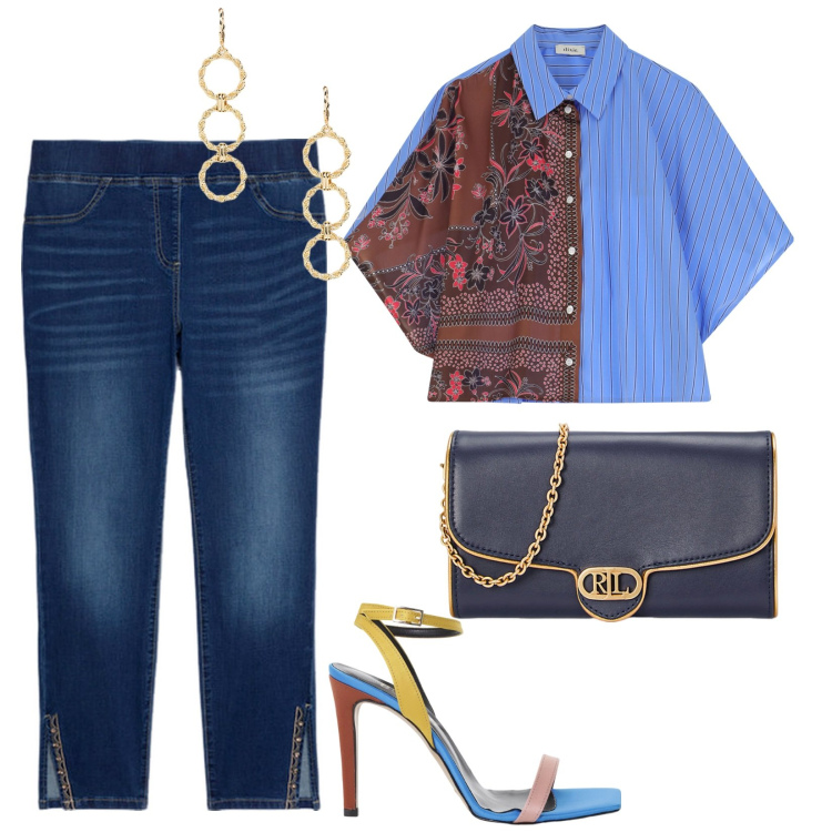 Outfit donna - Aperitivo di venerdì. per Serata fuori. Abbinamento con camicie a manica corta, sandali col tacco, borse a tracolla, orecchini, jeggings.