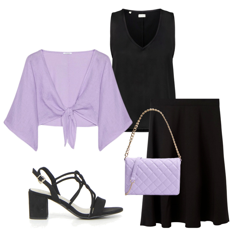 Outfit donna - Coprispalle viola. Stile Chic per Serata fuori. Abbinamento con gonne lunghe, borse a tracolla, bolero, top, sandali col tacco.