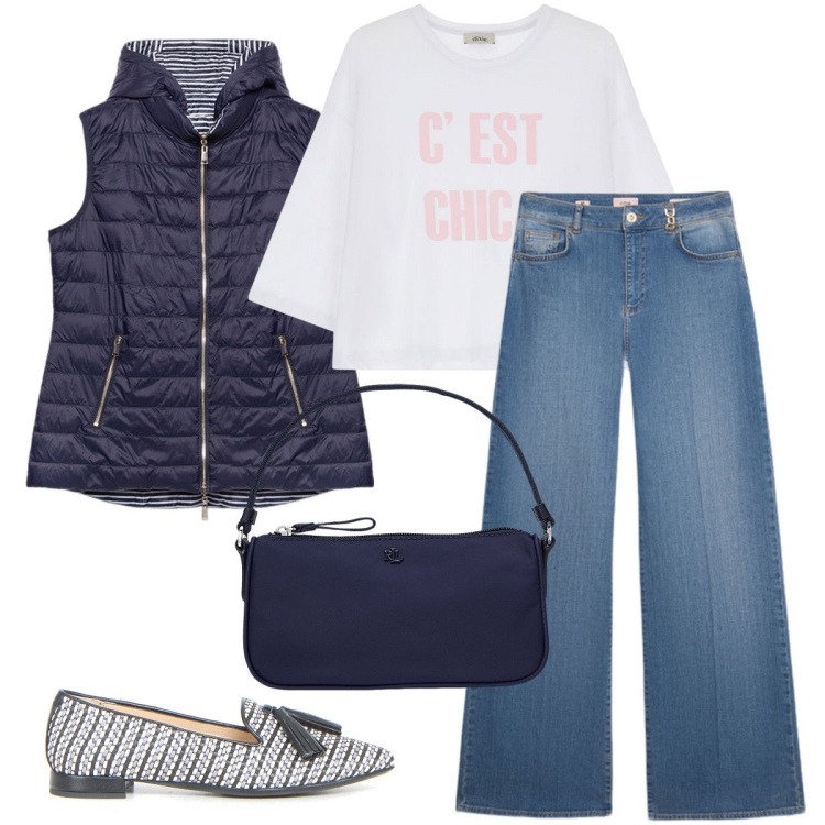 Outfit donna - C’est chic. Stile Casual chic per Ufficio. Abbinamento con t-shirt, pochette, piumini, mocassini, jeans.