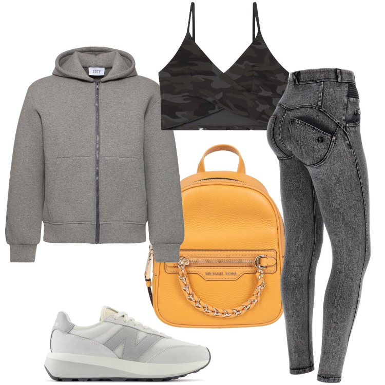 Outfit donna - Evento sportivo. Stile Sporty chic per Sport. Abbinamento con zaini, sneakers, jeans skinny, top, felpe con cappuccio.