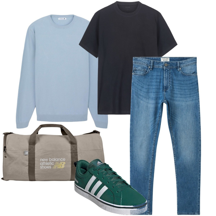 Outfit uomo - In palestra dopo il lavoro. Stile Casual per Ufficio. Abbinamento con jeans skinny, maglieria, borse sportive, t-shirt, sneakers.
