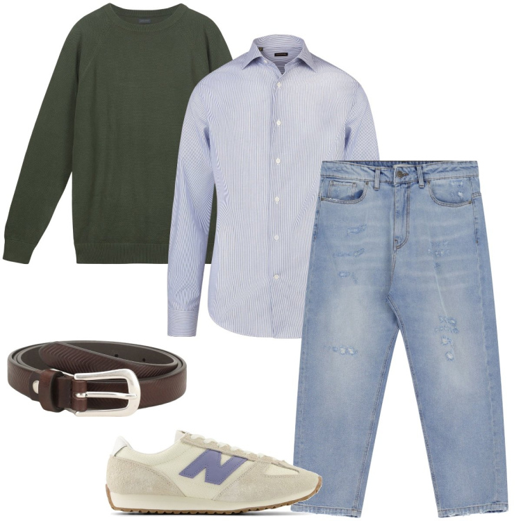 Outfit uomo - La camicia a righe. Stile Urban per Ufficio. Abbinamento con sneakers, cinture, jeans, camicie, maglieria.