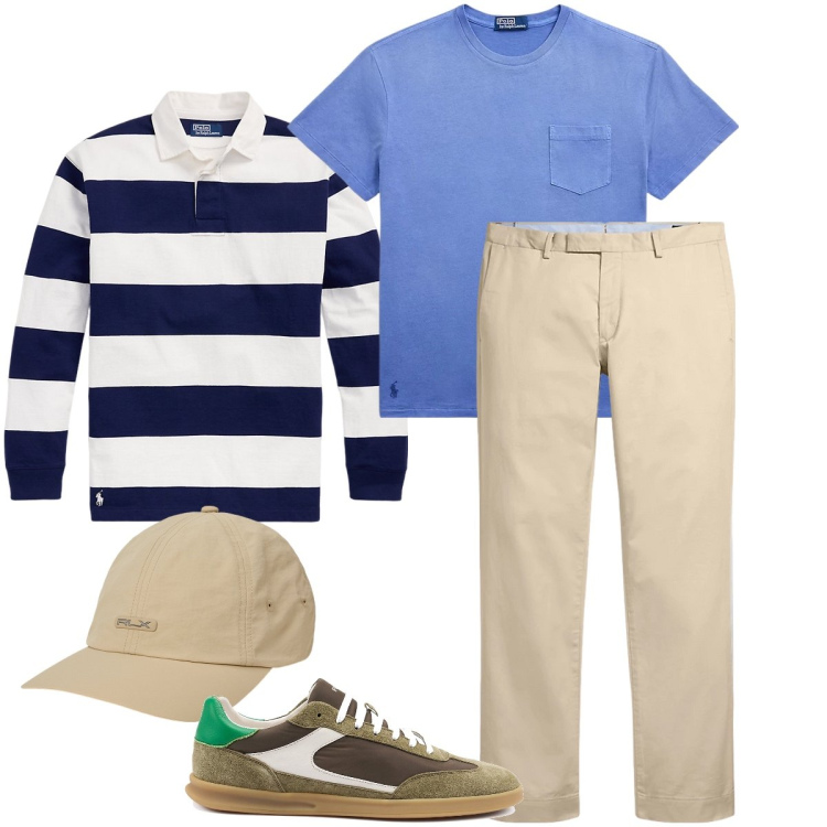 Outfit uomo - Giornata al mare. Stile Urban per Mare. Abbinamento con pantaloni chino, t-shirt, cappelli, maglieria, sneakers.