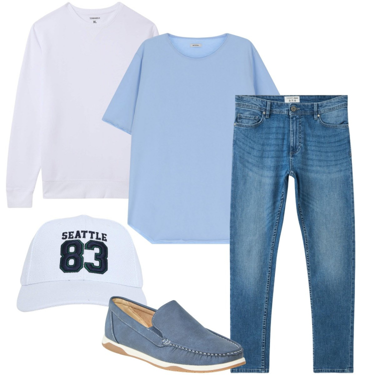 Outfit uomo - Passeggiata rilassante. Stile Casual per Tutti i giorni. Abbinamento con scarpe stringate, jeans skinny, cappelli, felpe, t-shirt.