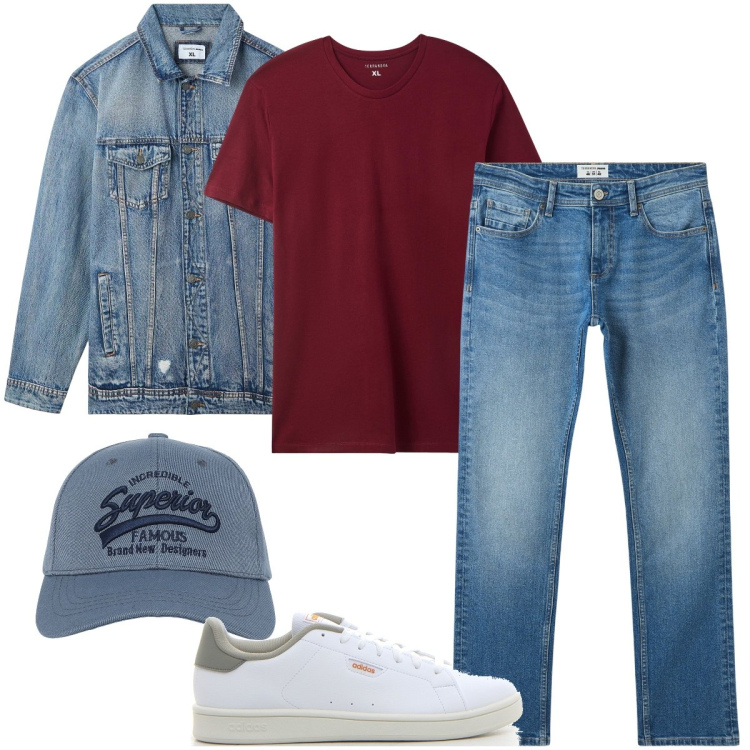Outfit uomo - La t-shirt bordeaux. Stile Urban per Tutti i giorni. Abbinamento con jeans, cappelli con visiera, giacche, t-shirt, sneakers.