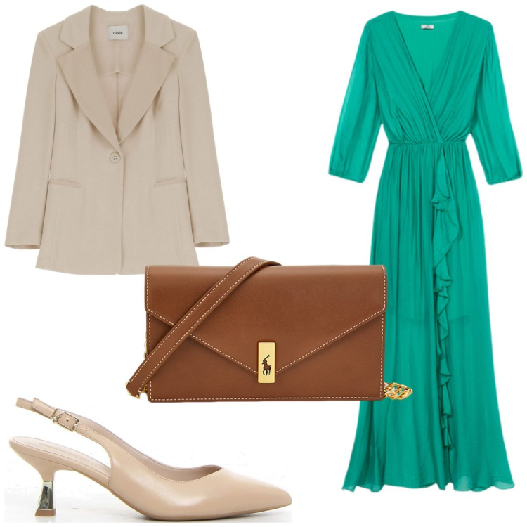 Outfit donna - Total look #2132798. Stile Trendy per Cerimonia. Abbinamento con blazer, clutch, vestiti lunghi, décolleté.