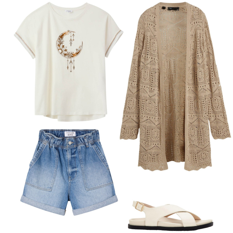 Outfit donna - Total look #2132809. Stile Boho per Mare. Abbinamento con cardigans, sandali, shorts, t-shirt.