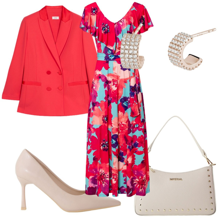 Outfit donna - Total look #2132811. Stile Trendy per Cerimonia. Abbinamento con vestiti lunghi, orecchini, décolleté, borse a spalla, blazer.