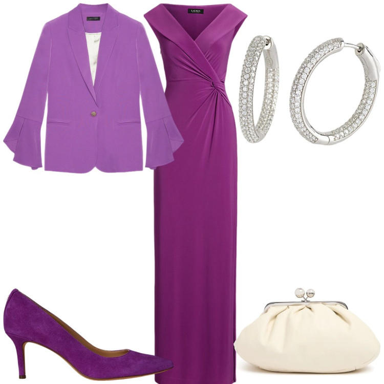 Outfit donna - Total look #2132814. Stile Trendy per Cerimonia. Abbinamento con orecchini, décolleté, vestiti lunghi, blazer, pochette.