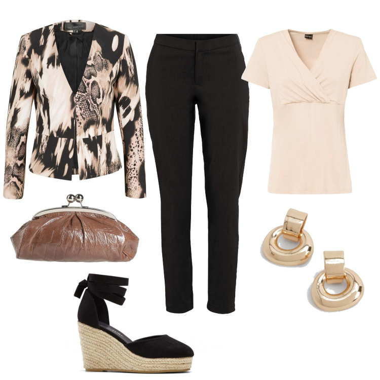 Outfit femme - Blazer imprimé animal. Style Ethnique pour Soirée dehors. Assortir avec blazers, chaussures à talon, t-shirts, pantalon , boucles d'oreilles, sacs à main.