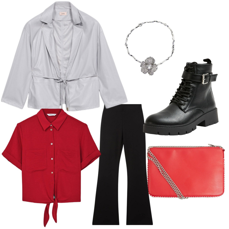 Outfit donna - Una passeggiata in città. Stile Casual per Tutti i giorni. Abbinamento con borse a tracolla, camicie a manica corta, anfibi, pantaloni, collane, blazer.