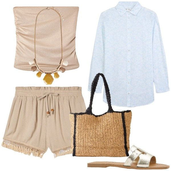 Outfit donna - Look da (a) mare. Stile Basic per Mare. Abbinamento con shopping bag, ciabatte, camicie, shorts, top, collane.