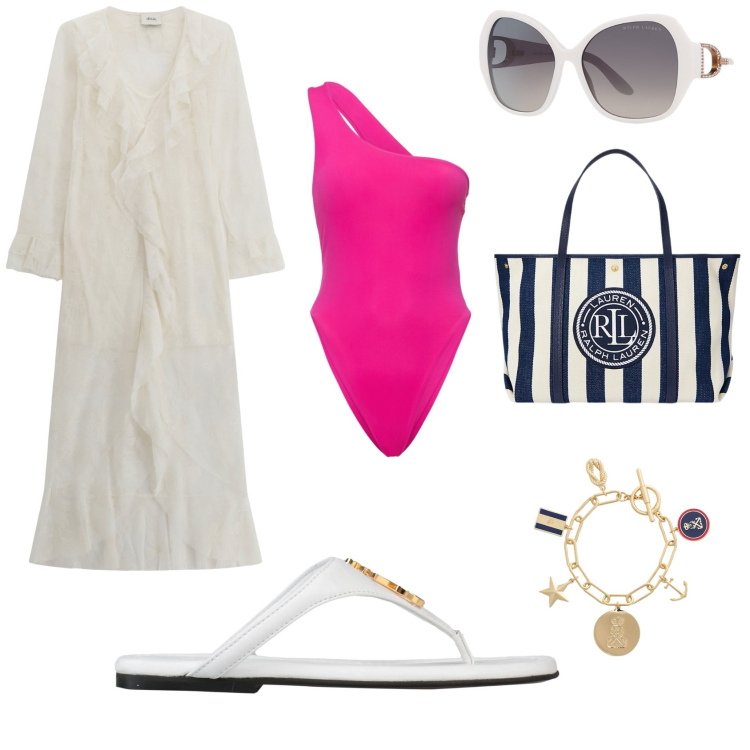 Outfit donna - Sea. Stile Glamour Abbinamento con infradito, vestiti, occhiali da sole, braccialetti con ciondoli, borse tote, costumi interi.