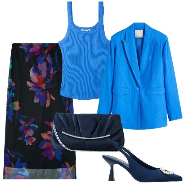 Outfit donna - La gonna a fiori discreti. Stile Chic per Ufficio. Abbinamento con pochette, blazer, décolleté, gonne lunghe, canottiere.