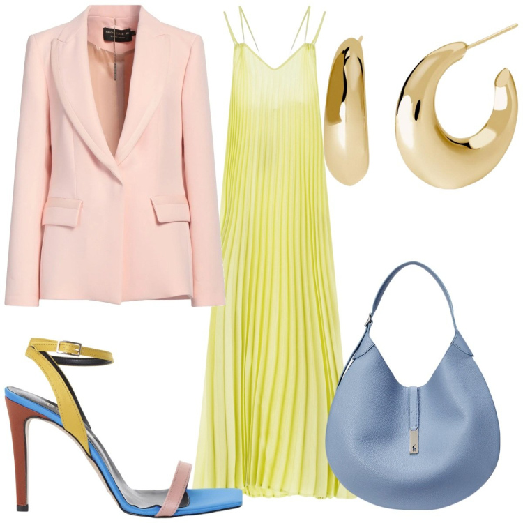 Outfit donna - Total look #2132825. Stile Trendy per Cerimonia. Abbinamento con blazer, orecchini, vestiti lunghi, sandali col tacco, borse a spalla.