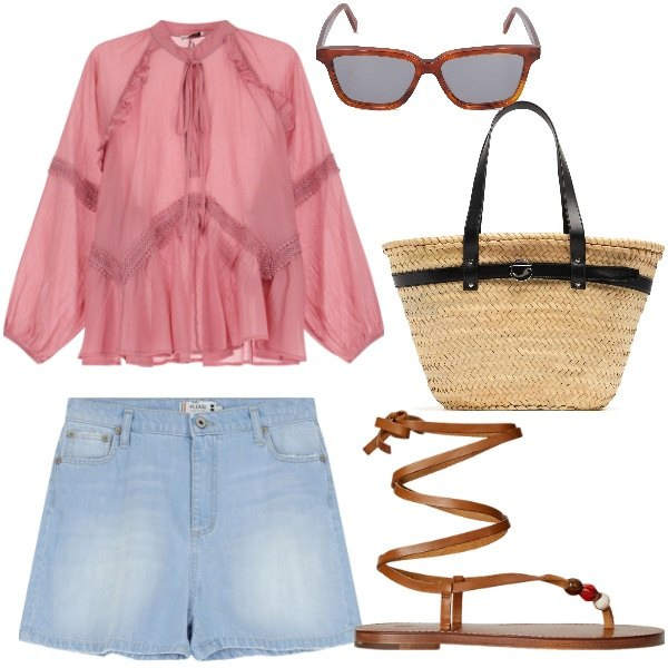Outfit donna - Estate boho. Stile Boho per Mare. Abbinamento con shorts, camicie, sandali gioiello, occhiali da sole, shopping bag.