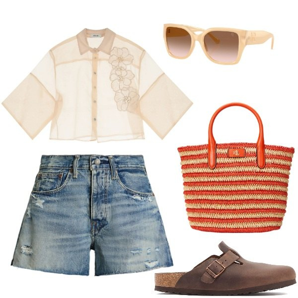 Outfit donna - Cesta in paglia. Stile Boho per Mare. Abbinamento con camicie, occhiali da sole, borse tote, shorts, pantofole.