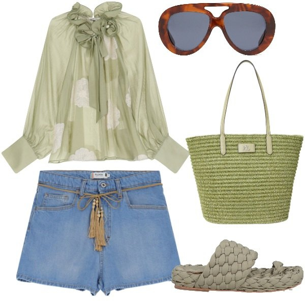 Outfit donna - Ibiza. Stile Boho per Mare. Abbinamento con ciabatte, shorts, bluse, borse tote, occhiali da sole.