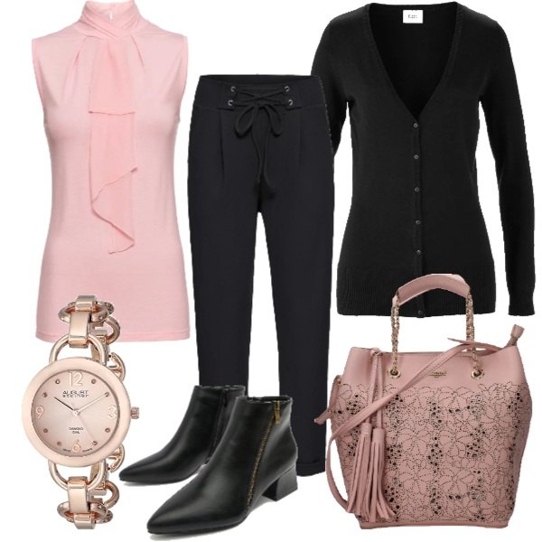Outfit donna - Rosa delicato. Stile Basic per Ufficio. Abbinamento con cardigans, top jersey rosa, pantalone nero, borsa a mano con frange e tracolla regolabile rosa, stivali con zip a punta, bracciale oro.