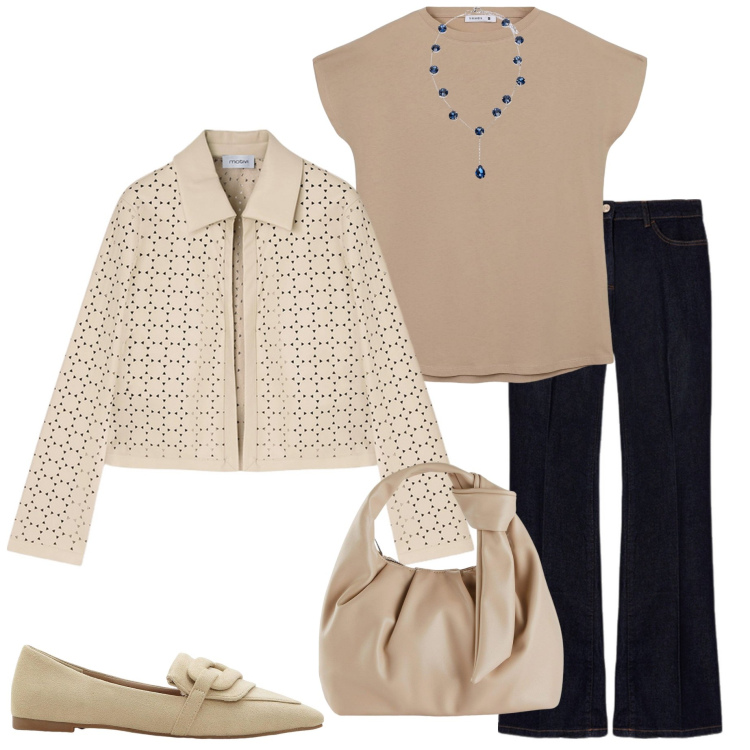Outfit donna - In città. Stile Casual chic per Ufficio. Abbinamento con mocassini, borse a mano, t-shirt, blazer, jeans, collane.