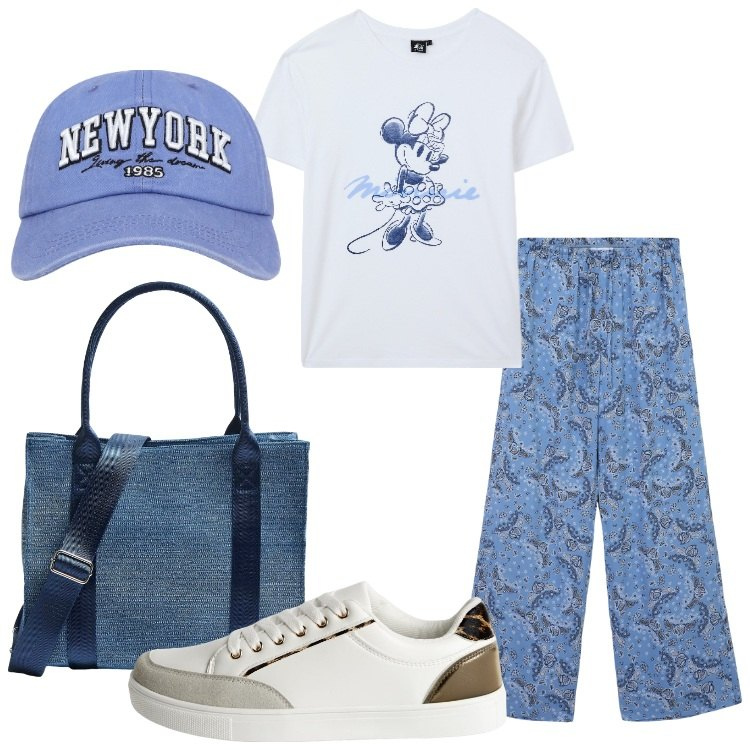 Outfit donna - Fresca e leggera. Stile Casual per Scuola/Università. Abbinamento con pantaloni, t-shirt, cappelli, sneakers, shopping bag.