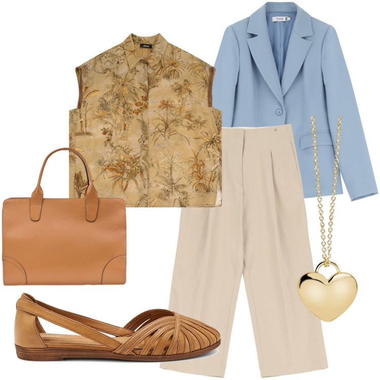 Outfit donna - Welcome to the jungle. Stile Casual chic per Tutti i giorni. Abbinamento con collane, pantaloni a palazzo, blazer, camicie, borse tote, ballerine.