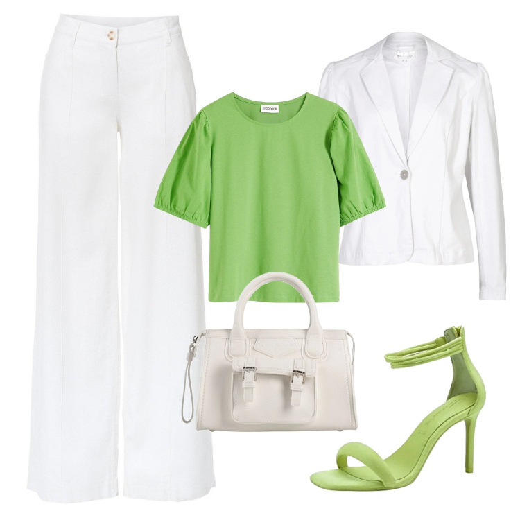 Outfit femme - Pomme Glam. Style Glamour pour Bureau. Assortir avec pantalon large en bas, t-shirts, blazers, sandales à talon, sacs à main.