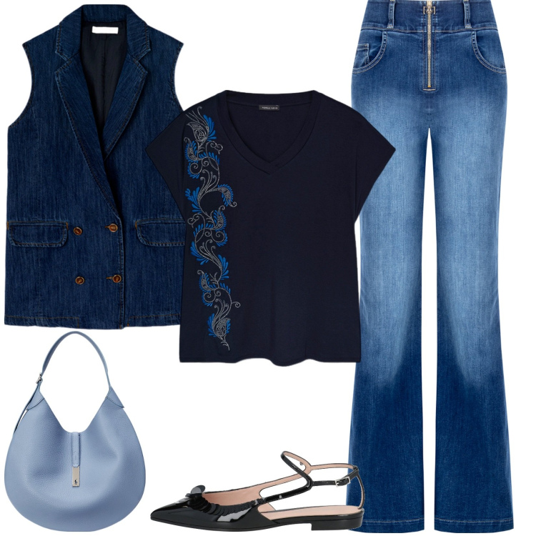 Outfit donna - Il gilet di jeans. Stile Casual chic per Tutti i giorni. Abbinamento con ballerine, jeans, borse a spalla, t-shirt, gilet.