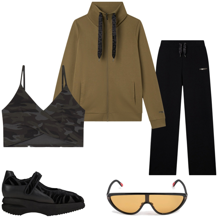 Outfit donna - Free time. Stile Casual per Sport. Abbinamento con décolleté, top, tute, occhiali da sole.