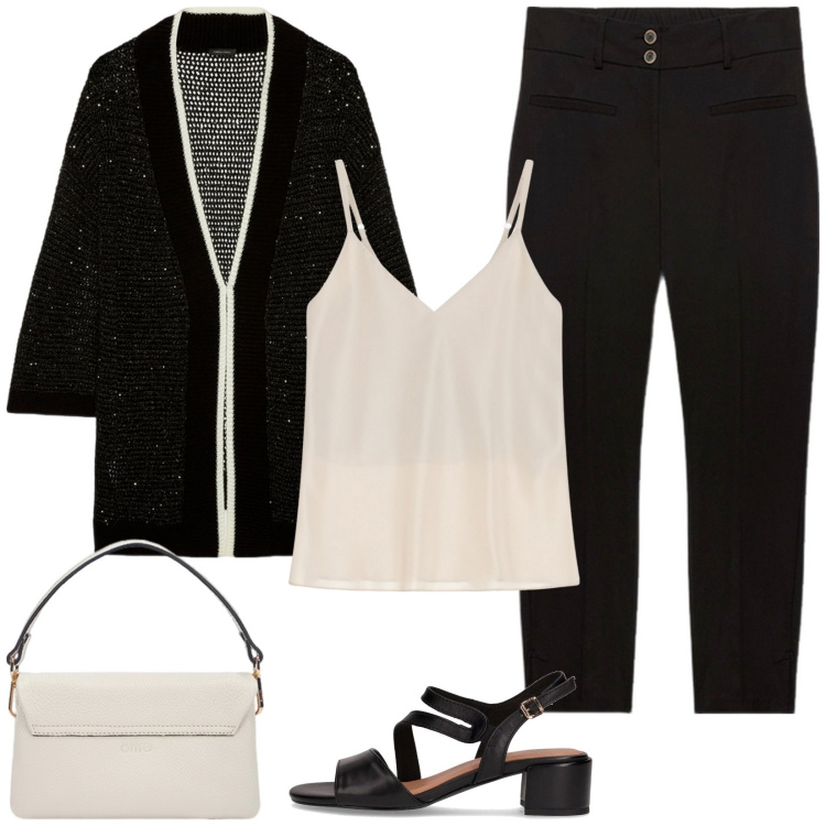 Outfit donna - Maxi cardigan. Stile Casual chic per Tutti i giorni. Abbinamento con top, pantaloni chino, cardigans, borse a tracolla, sandali col tacco.