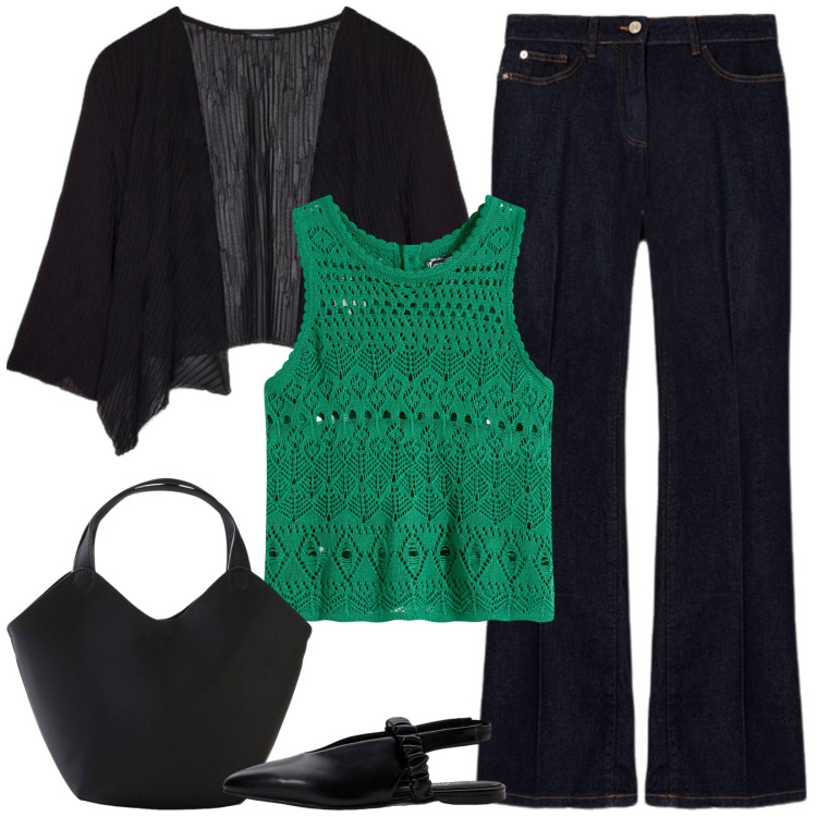 Outfit donna - Top verde menta. Stile Casual chic per Tutti i giorni. Abbinamento con ballerine, top, borse a mano, bolero, jeans.
