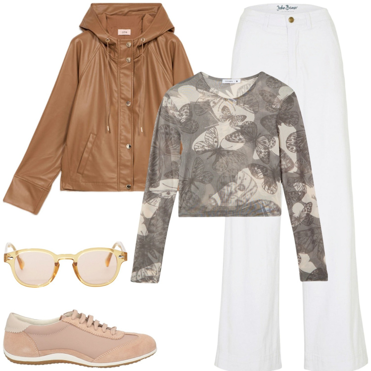 Outfit donna - Giornata ventosa. Stile Casual per Tutti i giorni. Abbinamento con jeans, sneakers, occhiali da sole, t-shirt, blazer.