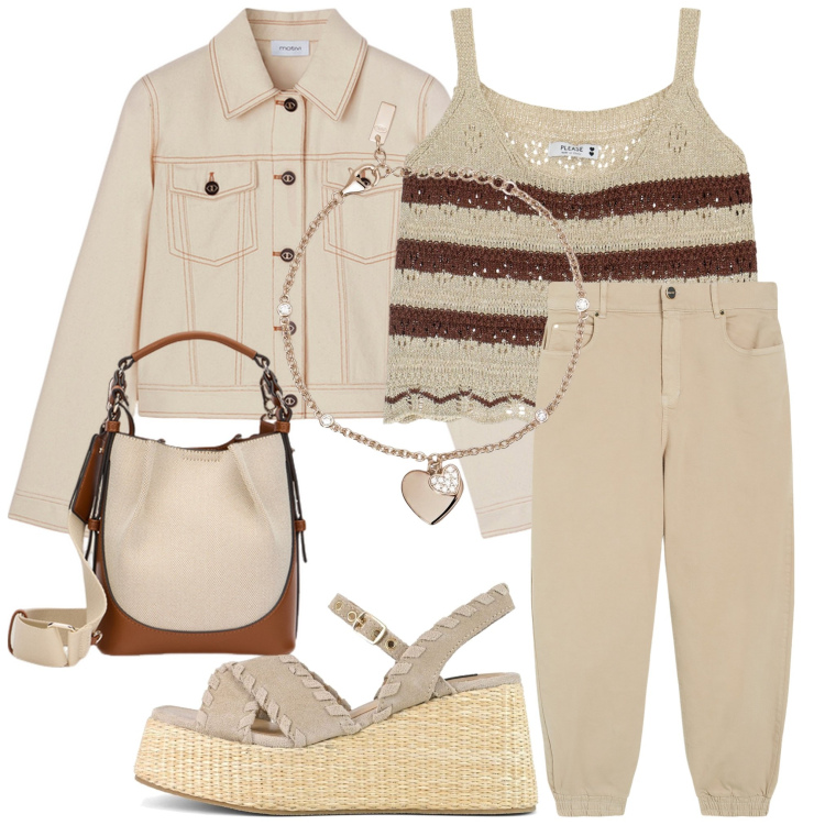 Outfit donna - Leggera. Stile Basic per Serata fuori. Abbinamento con braccialetti con ciondoli, top, jeans skinny, zeppe, borse a mano, blazer.