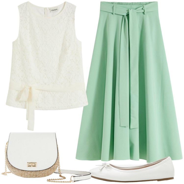 Outfit donna - Cerimonia informale. Stile Casual chic per Cerimonia. Abbinamento con top, gonne lunghe, borse a tracolla, ballerine.
