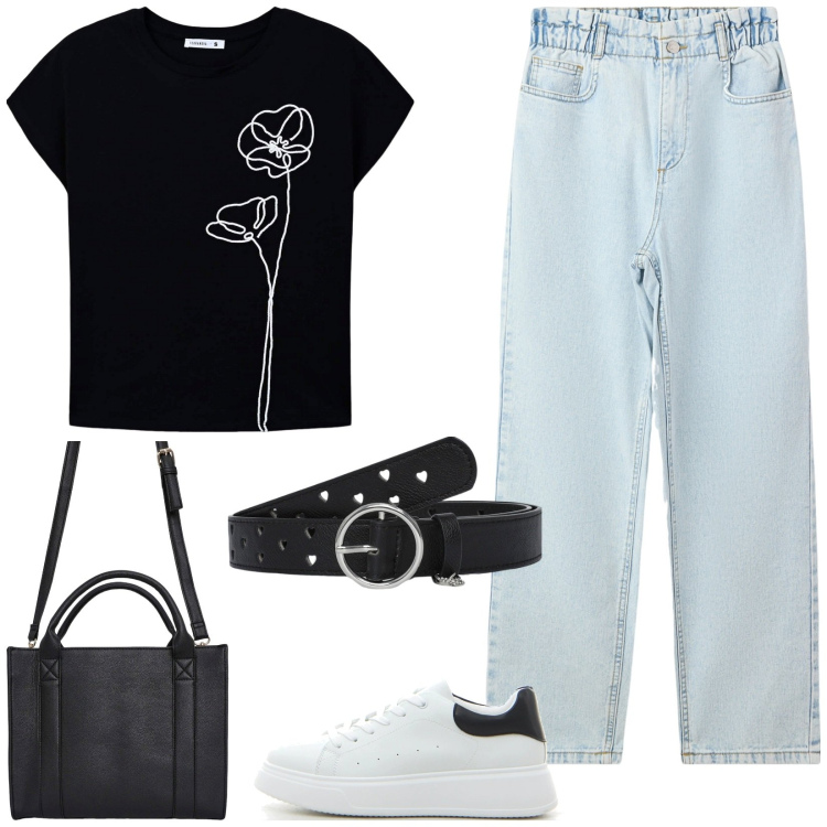 Outfit donna - Look pratico. Stile Casual per Tutti i giorni. Abbinamento con jeans, borse tote, t-shirt, cinture, sneakers.