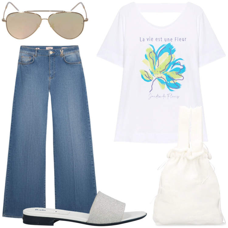 Outfit donna - Per negozi della città. Stile Casual chic per Tutti i giorni. Abbinamento con sandali in pelle, t-shirt, jeans, occhiali da sole, borse a mano.