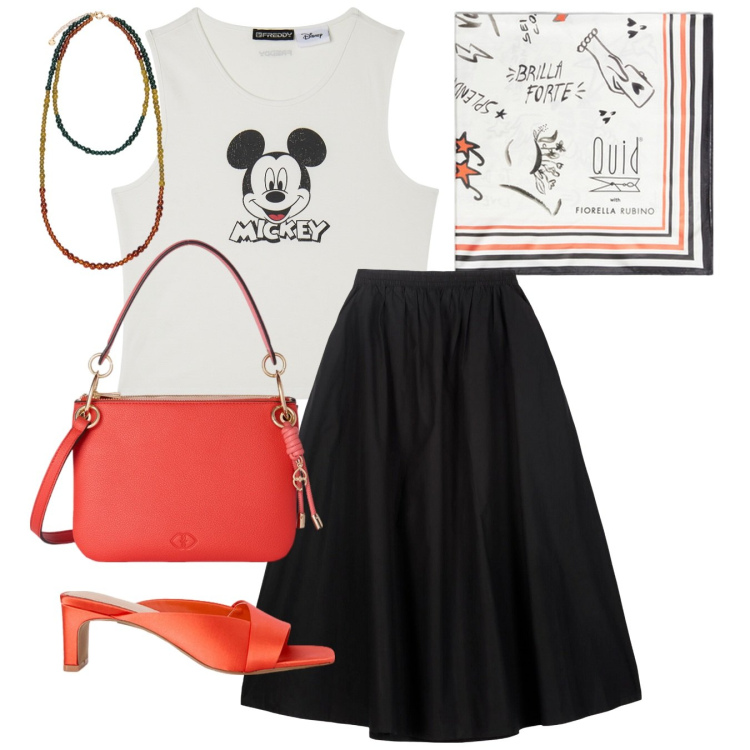 Outfit donna - Dolcezza e stile. Stile Casual chic per Serata fuori. Abbinamento con canottiere, gonne lunghe, sabot, foulard, borse a tracolla, ciondoli.