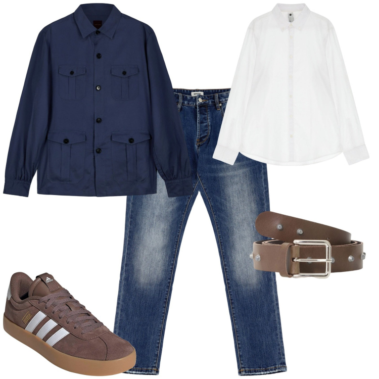 Outfit uomo - Tempo libero. Stile Urban per Tutti i giorni. Abbinamento con camicie, cinture, jeans dritti, cappotti, sneakers.