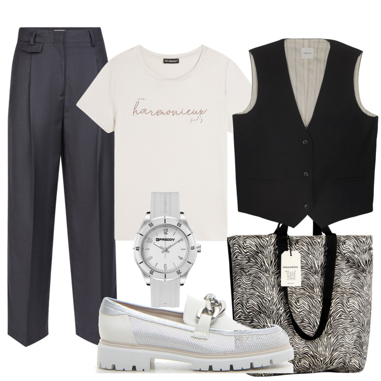 Outfit donna - Mannish style. Stile Mannish per Tutti i giorni. Abbinamento con borse tote, t-shirt, orologi, mocassini, pantaloni, gilet.