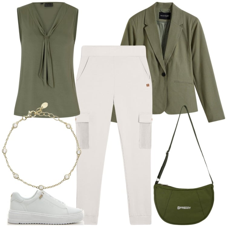 Outfit donna - Ufficio sporty-chic. Stile Sporty chic per Ufficio. Abbinamento con blazer, top, braccialetti, pantaloni cargo, borse a spalla, sneakers.