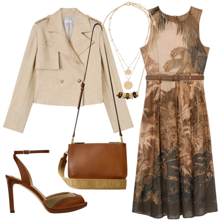 Outfit donna - City jungle. Stile Chic per Ufficio. Abbinamento con ciondoli, collane, borse a tracolla, sandali in pelle, blazer, vestiti midi/longuette.