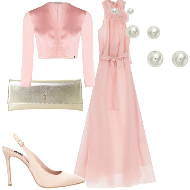 Outfit donna - Nuovola rosa. Stile Glamour per Cerimonia. Abbinamento con décolleté, pochette, vestiti lunghi, bolero, orecchini.